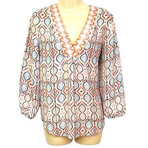 Ivanka Trump Cream Coral Turquoise Medallion Print Popover Top Stylish Loose Fit